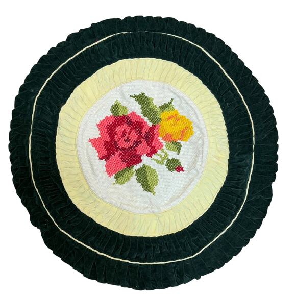 Floral Needlepoint Pillows 2 Round Ruffle Green Velvet Decorative MCM Granny 20" - Picture 2 of 12